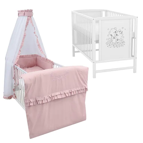 Baby-Delux Babybett Gitterbett Mia weiß 60x120 mit Matratze und 10tlg. Bettwäsche Set - Hochwertiges Babybett aus massivem Kiefernholz in Weiß, inklusive einer hypoallergenen Matratze und einem kompletten Bettset. Optimal für süße Träume und einfach in der Pflege.