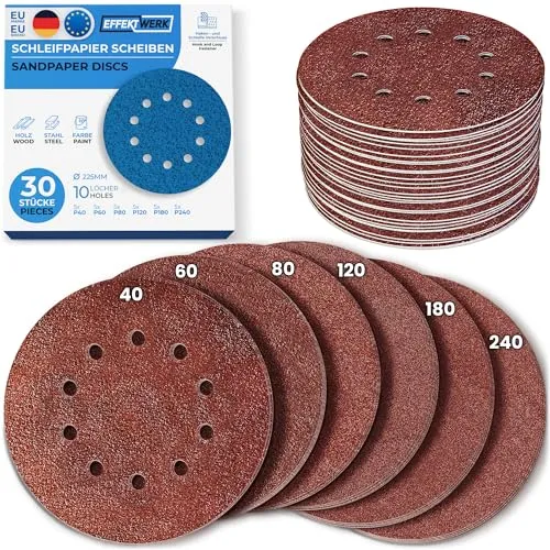 Effektwerk Schleifscheiben (30er-Pack, 10 Löcher), 225 mm Schleifpapier für Fein- und Grobschliff, verschiedene Körnungen 40/60/ 80/120/180/240 (je 5 Stück)