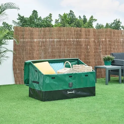 casa.pro Gartenbox Alanno - 387L Aufbewahrungsbox für Outdoor - Auflagenboxen mit 387L Stauraum, wetterfest und luftdurchlässig, ideal für Gartenutensilien und mehr. Robust aus pulverbeschichtetem Stahl und PVC-Plane.