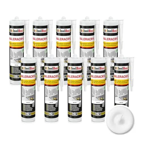 IsolBau Maleracryl 10x 300ml - Plastoelastischer Dichtstoff für Innen und Außen - Spachtelmassen – Gebrauchsfreundliche Acryl Dichtmasse für vielseitige Anwendungen, sehr gute Haftung auf feuchten Untergründen und ideal zum Abdichten von Rissen und Fugen.