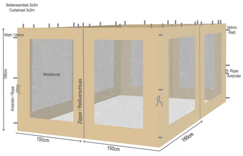Quick Star Pavillonseitenteil mit Moskitonetz 3x3m Sand - Pavillon-Seitenteile für 3x3m Pavillons, 4-teilig mit praktischem Moskitonetz und Reißverschlüssen, ideal für Garten, Terrasse und Camping.