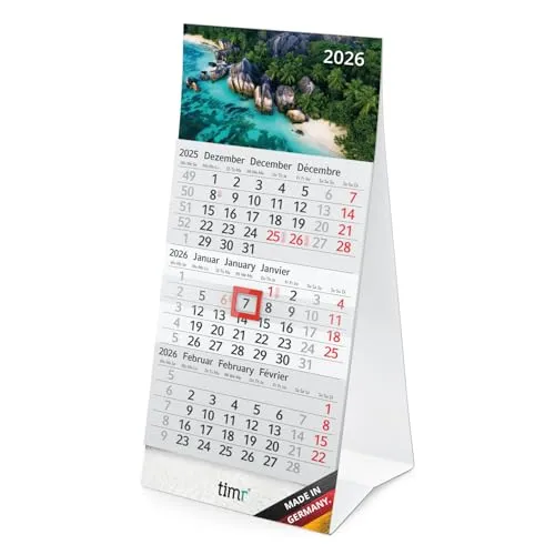 Timr Tischkalender 2026 klein zum Aufstellen - 3 Monatskalender mit Schieber - Kalender für Tisch Büro - Motiv Karibik I tr358