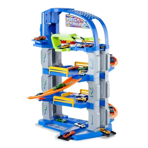 MOLTO | Parkhaus Blau für 4-stöckige Kinder mit automatischem Aufzug, Hubschrauberlandewaschanlage, Fettstation, Tankstelle | Kinderspielzeug | +3 Jahre