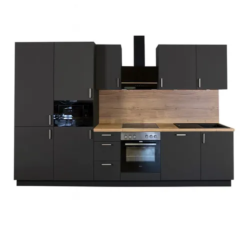 GEBA Küchenzeile Bremen – 330 cm Schwarz mit Nischenrückwand und Müllsystem