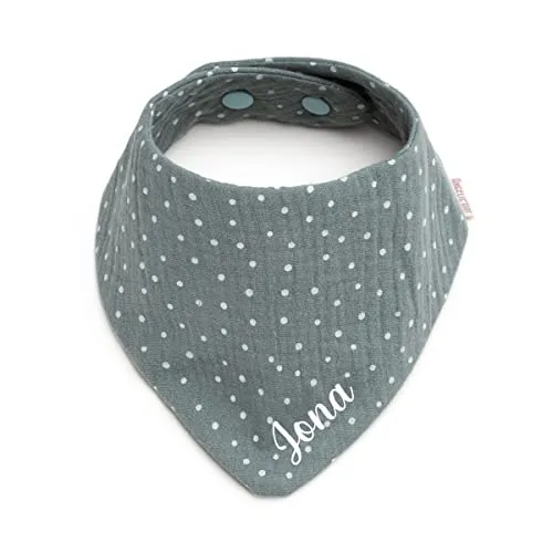 AngelicArt Personalisiertes Dreieckshalstuch aus Baumwolle, Halstuch für Jungen, Mädchen, Unisex, mit Druckknopfverschluss, in verschiedenen Farben mit Wunschnamen-Musselin gepunktet (Dunkelmint)