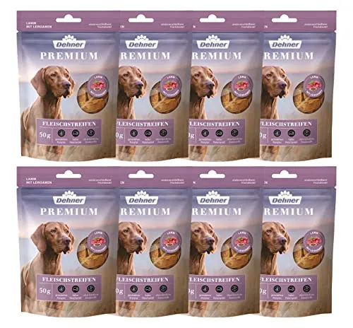 Dehner Premium Hundesnack, hochwertiges Leckerli getreidefrei, Kausnack für Hunde, Lebensmittelqualität, Lammfleischstreifen, 8 x 50 g (400 g)