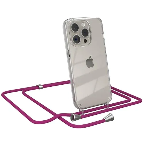 EAZY CASE Handykette kompatibel mit iPhone 15 Pro Handyhülle mit Umhängeband, Handykordel mit Schutzhülle, Silikonhülle, Hülle mit Band, Stylische Kette für Smartphones, Pink