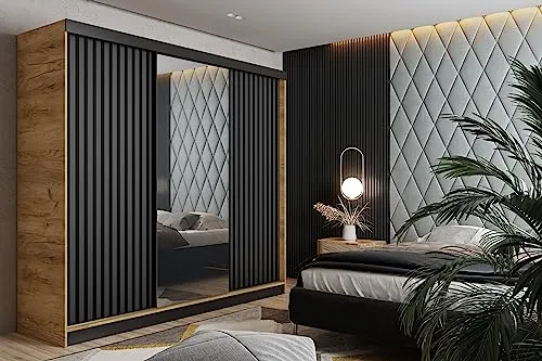 KIER FURNITURE Malani 200 Schiebetürenschrank - Kleiderschrank mit eleganter Eiche Craft Gold & Graphit Optik, großzügigem Stauraum und sanftem Schiebesystem für ein modernes Schlafzimmer-Ambiente.