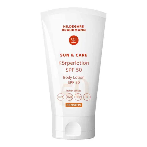 Hildegard Braukmann sun & care Sensitiv Körperlotion SPF 50 - Hoher Schutz für sensible Haut - Sonnenschutzmittel mit SPF 50, ideal für empfindliche Haut. Wasserfest, parfümfrei und korallenfreundlich. Schützt zuverlässig vor UVA/UVB/HEV/IR und ist vegan.