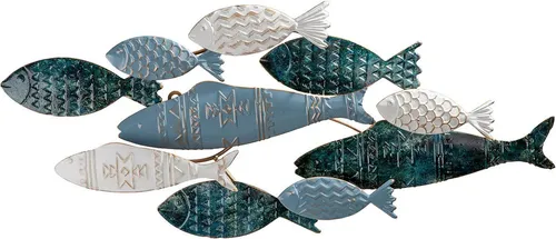 GILDE Metallbilder Wanddeko – 3D Fischschwarm Wandbild in Blau Weiß