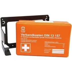 Verbandkasten REGULAR, DIN 13157, mit Wandhalterung - Der Verbandskasten REGULAR ist ideal für jede Erste-Hilfe-Ausrüstung. Er erfüllt die DIN 13157 und bietet alle wichtigen Materialien für Notfälle. Mit praktischer Wandhalterung für schnellen Zugriff bei Bedarf.