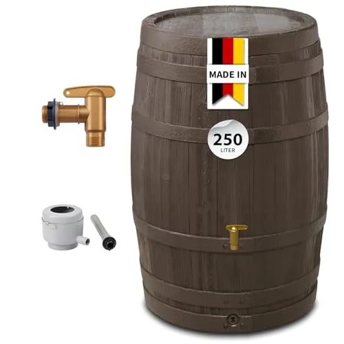 4rain Regentonne Kit VINO 250 L, braun - Nachhaltige Gartenbewässerung - Regentonne Vino 250 L aus Recyclingkunststoff, mit Kindersicherung und automatischem Fallrohranschluss. Ideal für umweltfreundliche Gartenbewässerung und Ressourcenschonung.