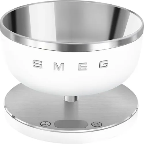 Smeg Küchenwaage KSC01WHMWW - Digitale Präzision für Ihre Küche - Küchenwaagen mit integrierter Edelstahl-Wiegeschüssel, 1g Teilung und USB-C Aufladung. Energiesparend mit Stand-by Funktion und rutschfesten Füßen für sicheren Halt.