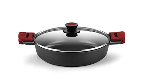 BRA Premiere | Niedriger Schmortopf 32 cm, Aluminiumguss, dreischichtig, verstärkte Antihaftbeschichtung, 2 abnehmbare Silikongriffe, für alle Herdarten einschließlich Induktion geeignet, rote Farbe