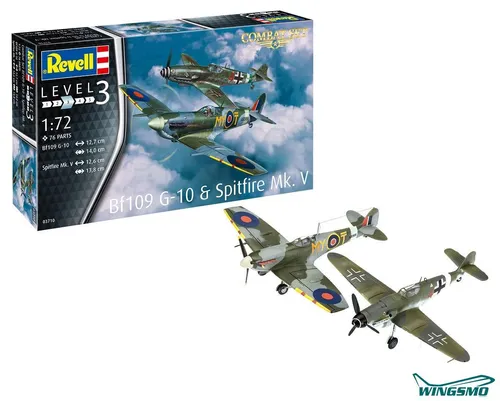 Revell Modellbausatz Combat Set Bf109G-10 und Spitfire Mk.V - Maßstab 1:72, detailreiche Cockpits und bewegliche Propeller für authentische Nachbildungen aus dem Zweiten Weltkrieg