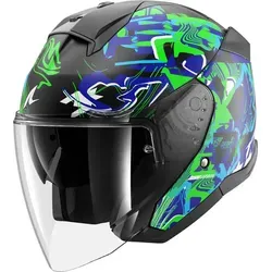 Shark Skwal Jet Pranz Jethelm M - Motorradhelm mit kratzfestem Visier und integriertem Sonnenvisier, ideal für Brillenträger und stylisch in schwarz-weiss-grün-blau.