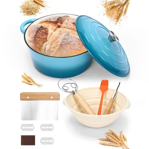 Gusseisen Topf Brot Backen, Schmortopf Gusseisen Topf mit Deckel, Dutch Oven Brotbacktopf mit Gärkorb Einschneider Teigmischer Brotbackform für Schmoren, Braten, Sauerteig Starter Set, Blau