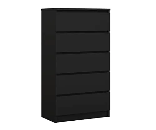3E 3xE living.com Kommode mit 5 Schubladen, Farbe: Schwarz Matt, H: 124 cm, B: 70 cm, T: 39 cm