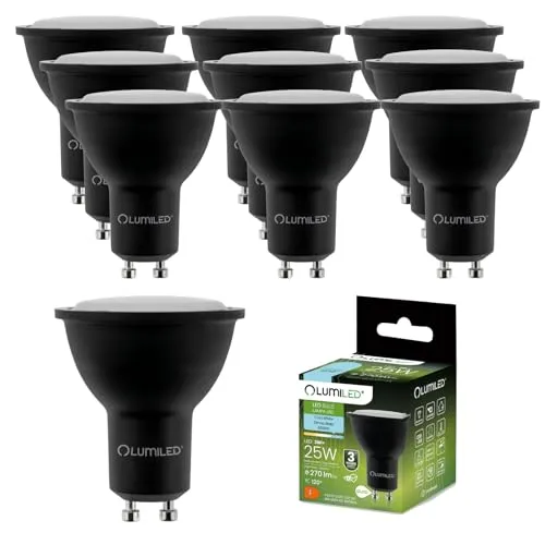 Lumiled LED GU10 Lampe 3W 270 Lm Kaltweiß 6500K Leuchtmittel Strahler ersetzt 25W 120° Strahlwinkel Spot Schwarz Reflektor 10 Stück Energiesparlampen