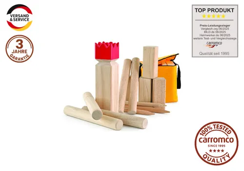 Wikingerschach Premium Kubb Spiel aus Holz - Classic Outdoor Spiel für 2 bis 12 Spieler, aus hochwertigem Gummibaumholz, inklusive wetterfester Tragetasche für optimale Transportabilität.