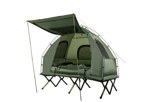 Campingzelt Feldbett für 2 Personen mit Luftmatratze & Vorzelt - Kuppelzelt für 2 Personen, UV-beständig und wasserfest, inklusive Sonnendach und Tragetasche. Ideal für Campingabenteuer!