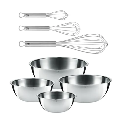WMF Schüssel Set Gourmet 4-teilig & Profi Plus Schneebesen Set 3-teilig - Vielseitiges Küchenhelfer-Set aus Cromargan Edelstahl, ideal zum Aufschlagen, Rühren und Servieren. Hygienisch, langlebig und spülmaschinenfest für jede Zubereitungsart.
