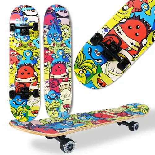 WeLLIFE Skateboard für Anfänger, 80x20cm Holz Skateboard Kinder, Jugendliche Erwachsene,ABEC-9 Kugellager, 9 Schichten Ahorn Double Kick Skate Concave Trick (DBL 413)