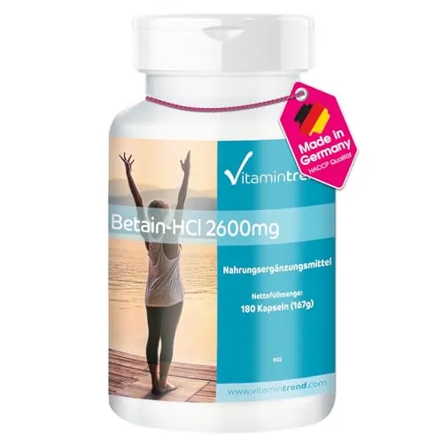 Vitamintrend Betain HCl 2600mg pro Tagesdosis, 180 Kapseln, hochdosiert, Nahrungsergänzungsmittel vegan ohne Magnesiumstearat, in Deutschland hergestellt