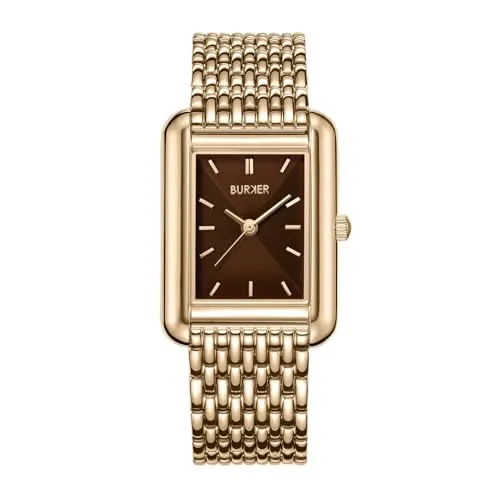 BURKER Damenuhr Olivia, Quadratische Damen Armbanduhr Gliederarmband Edelstahl Analog Quarz 3-ATM Wasserdicht - 29 mm - Gold Braun