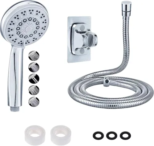 B3AD Duschkopf mit 5 Strahlarten – 2m Edelstahl-Duschschlauch – Bohrfreie, selbstklebende Duschhalterung – Universeller G1/G2 Hochdruck-Anschluss