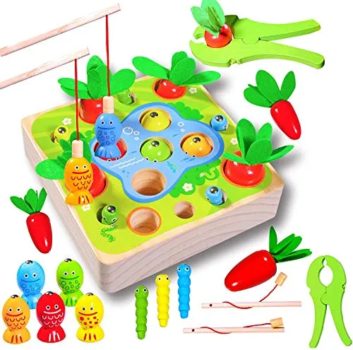 Felly Holzspielzeug ab 1 Jahr Baby Motorikspielzeug Montessori Sortierspiel Holzpuzzle Karottenernte Angelspiel Lernspielzeug für Kinder als Geburtztag Geschenk ab 1 2 3 4 Jahr Jungen und Mädchen