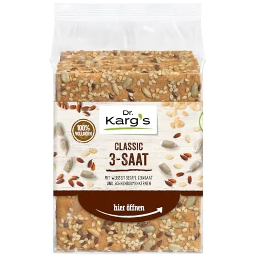 Dr. Karg’s Knäckebrot Classic 3-Saat - knusprig, vegan, mit Sonnenblumenkernen, Leinsaat & Sesam, reich an Ballaststoffen, 100% Vollkorn & ohne Zusatzstoffe, 10x200g