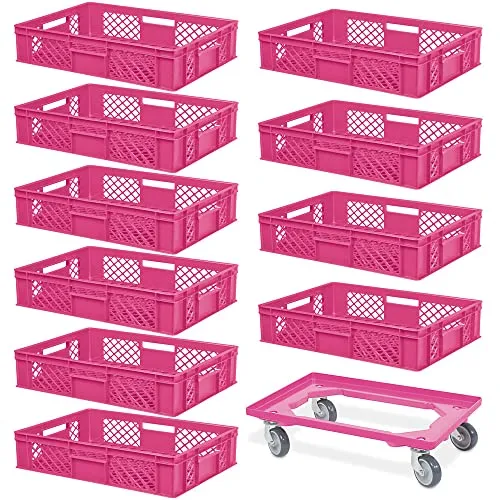 BRB 10 Eurobehälter, LxBxH 600x400x150 mm, lebensmittelecht + 1 Transportroller, pink
