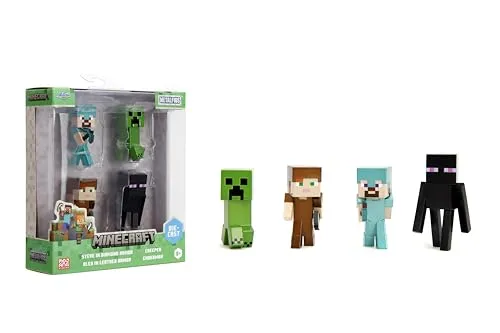 Jada Minecraft Metallfiguren, 6,3 cm, 4 Stück, enthält Steve in Diamond Armor, Alex in Lederrüstung, Enderman und Creeper