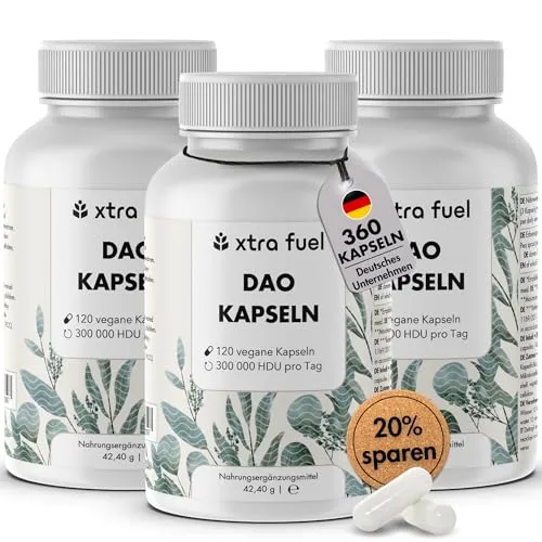 XTRA FUEL DAO Kapseln - Vegane Diaminoxidase aus Erbsensprossen - Nahrungsergänzungsmittel mit 300.000 HDU pro Kapsel, ideal zur Unterstützung der Verdauung und ganz ohne Zusatzstoffe.
