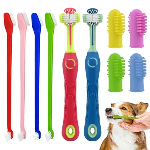 Hundezahnbürste Set, 10 Stück, für Hunde und Katzen, 2 Stück 3-Kopf Hundezahnbürsten, 4 Doppelkopf, 4 Fingerzahnbürsten, 360° Reinigung, für kleine und große Hunde, Familien mit mehreren Haustieren