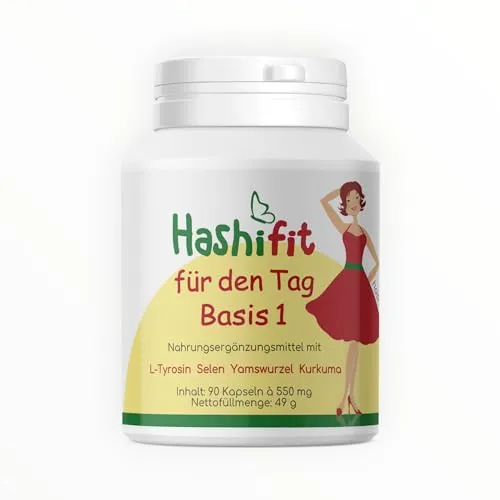 Hashifit Basis 1, Schilddrüse Komplex mit Selen, L-Tyrosin Yamswurzel Kurkuma und mehr, Wechseljahre Kapseln, Hashimoto Kapseln – Energie und Wohlbefinden, hochdosiert vegan, ohne Jod, Monatspackung