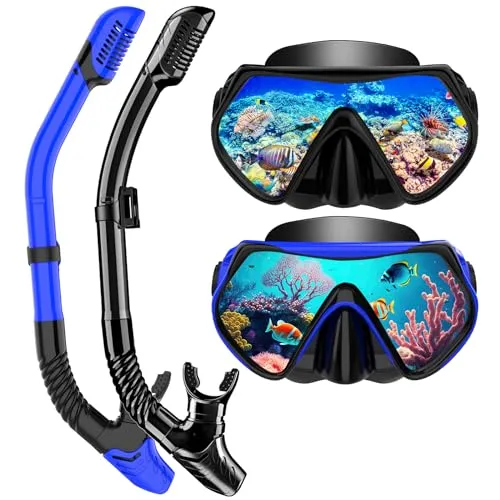 Schnorchelset Erwachsene, Schnorcheln Set mit Anti-Fog Taucherbrille und Dry Schnorchel, Professionelle Schnorchelmaske Tauchmaske aus Gehärtetem Glas für Schnorcheln (Blue+Black)