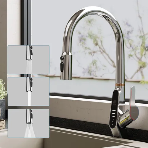 doporro Wasserhahn Küche Hochdruck mit Digitalanzeige, Ausziehbare Vollmessing-Körper Spültischarmatur, Einhebel-Mischbatterie Küche Silber MS-8085