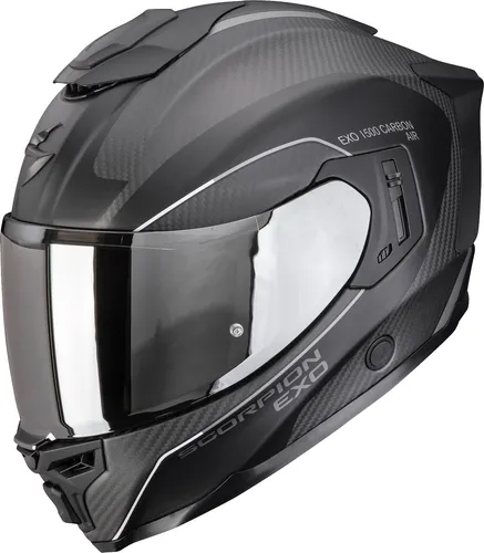 Scorpion EXO-1500 Carbon Air Integralhelm Matt-Schwarz/Silber XL - Premium Integralhelm für Motorradfahrer, bietet Aerodynamik und Komfort. Mit höhenverstellbarem Sonnenvisier und optimierter Belüftung für entspanntes Fahren bei allen Lichtverhältnissen.