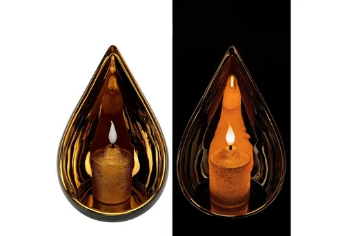 Online-Fuchs Windlicht - Kerzenhalter Tropfen mit LED-Kerze und 6-Stunden Timer (Schwarz, Gold oder Taubenblau, Silber, Kerze mit realistischer Flamme), glänzende Spiegeloptik