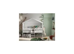 Hausbett mit Leiter 90 x 200 cm - Kinderzimmermöbel mit Rolllattenrost, Dachaufbau und charmanten Sprossenfenstern. Ideal für kreative Schlafräume und einladende Spielbereiche.