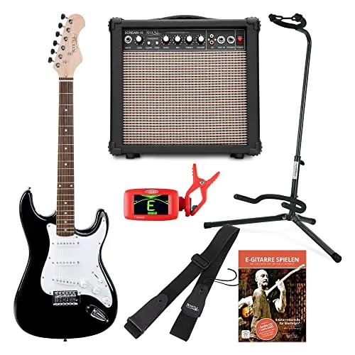 Rocktile Sphere Classic Black E-Gitarre Set - E-Gitarren-Set mit ST-Design, 3 Tonabnehmern und umfassendem Zubehör, ideal für Einsteiger und fortgeschrittene Musiker.