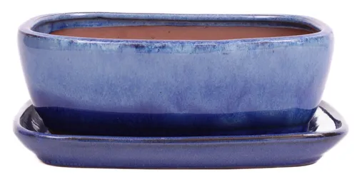 Bonsai - Schale eckig 25.5 x 21 x 9.5 cm , beige / blau , mit Untersetzer 31136