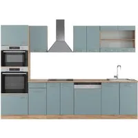 Vicco Küchenzeile R-Line, Blau-Grau/Goldkraft Eiche, 300 cm - Küchenzeile mit Hochschrank und modularer Konfiguration für individuelle Anpassung, ideal für jeden Küchenraum.