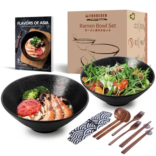 Keramik-Suppenschüssel-Set, 2×1000 ml Pottery Ramen Bowl, Große Japanische Nudelschalen mit Löffel und Stäbchen, Traditionelles Asiatisches Geschirr Set, für Udon, Pasta, Pho, Soba, Müsli & Salat
