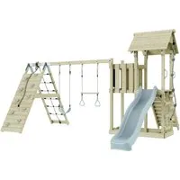 Produktbild PolarPlay Spielturm Roskilde aus Holz in Blau mit Trapezstange