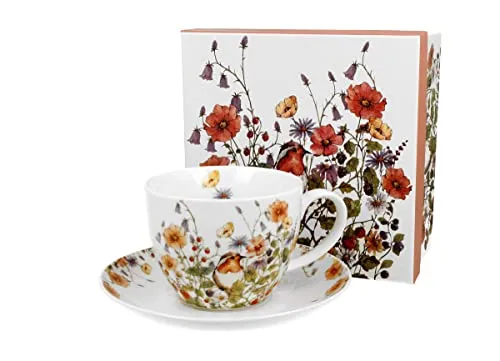 DUO FLORAL Jumbobecher 470 ml WILD BIRD mit Untertasse, New Bone China Porzellan