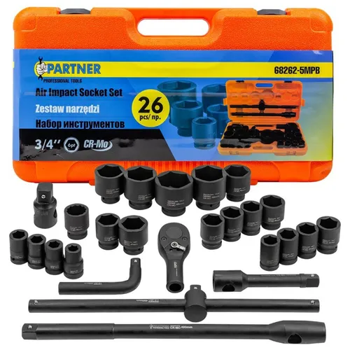 Schlagsteckschlüssel 3/4'' 17-65mm 6-kant 26-teiliger Koffer