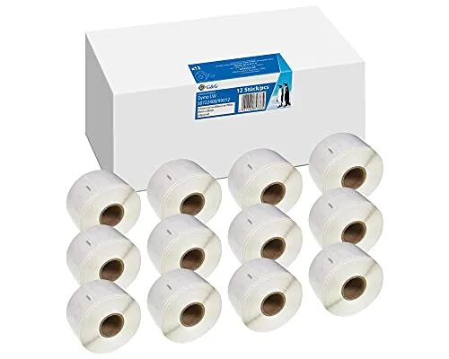 G&G Etiketten 12 x 260 - Vorteilspack - für Dymo Drucker - Schriftbänder: 12 x 260 Etiketten in Schwarz auf Weiß, kompatibel mit Dymo 99012. Ideal für präzise Beschriftungen, perfekt für Büro und Zuhause.